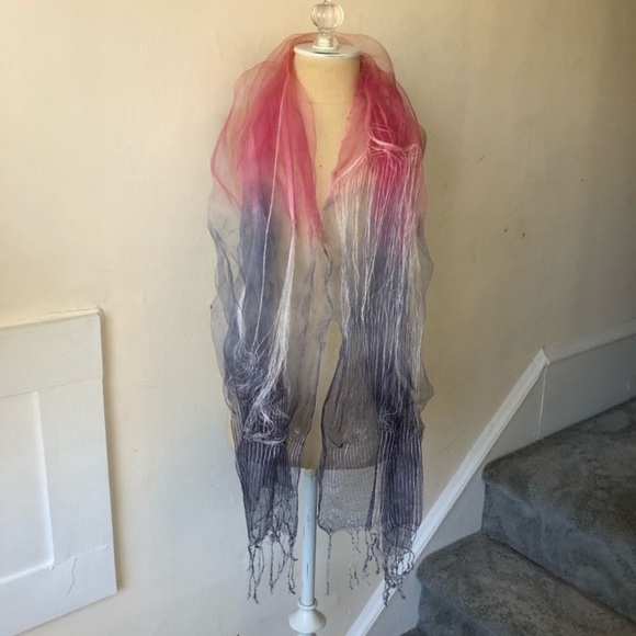Pure Silk Sheer Art to Wear Lagenlook Multicolor Fringe Trim Scarf NWOT 66”x16” - Picture 2 of 8